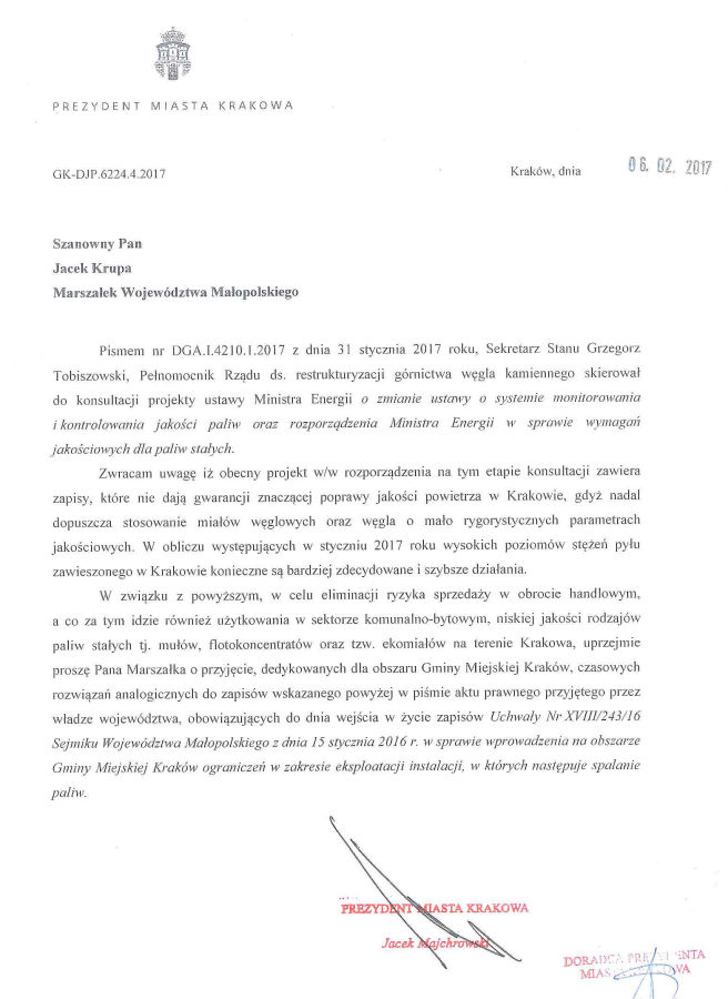 List Prezydenta Jacka Majchrowskiego
