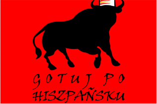 Gotuj po hiszpańsku - logo projektu. Na czerwonym tle czarna sylwetka byka w czapce kucharskiej 
