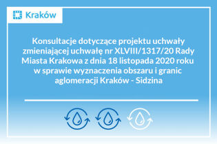 Rysunek kropli wody na niebieskim tle i napis: Konsultacje dotyczące projektu uchwały zmieniającej uchwałę  w sprawie wyznaczenia obszaru i granic aglomeracji Kraków-Sidzina

