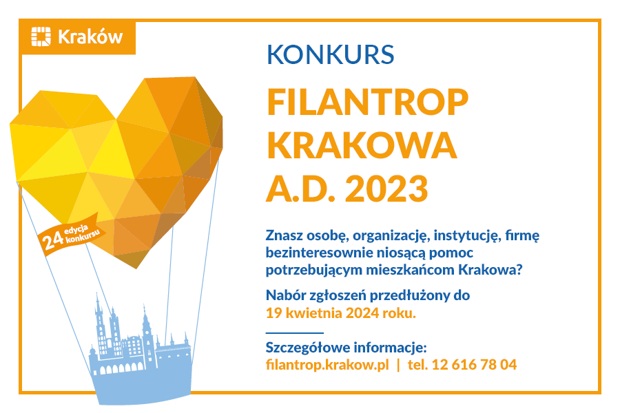 Rysunek przedstawiający balon w kształcie żółtego serca z niebieskim koszem w kształcie krakowskich zabytków i napis Filantrop Krakowa A.D. 2023