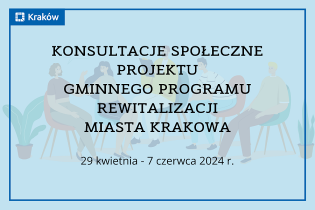 Grafika przedstawia informację o rozpoczęciu konsultacji społecznych projektu Gminnego Programu Rewitalizacji Miasta Krakowa 