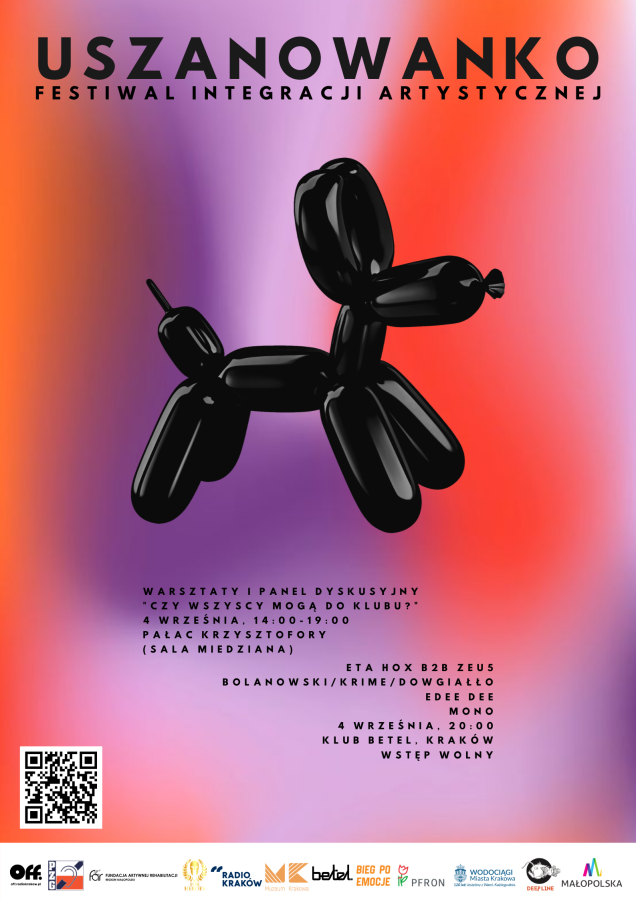 Plakat promujący festiwal Uszanowanko- czarny pies z balonów