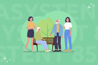 Asystent dla seniorów 85+ i osób z niepełnosprawnościami 70+ grafika przedstawiająca dwie starsze osoby kobietę i mężczyznę, z dwoma opiekunkami. Kobieta siedzi na ławce na tle drzewa, mężczyzna stoi.