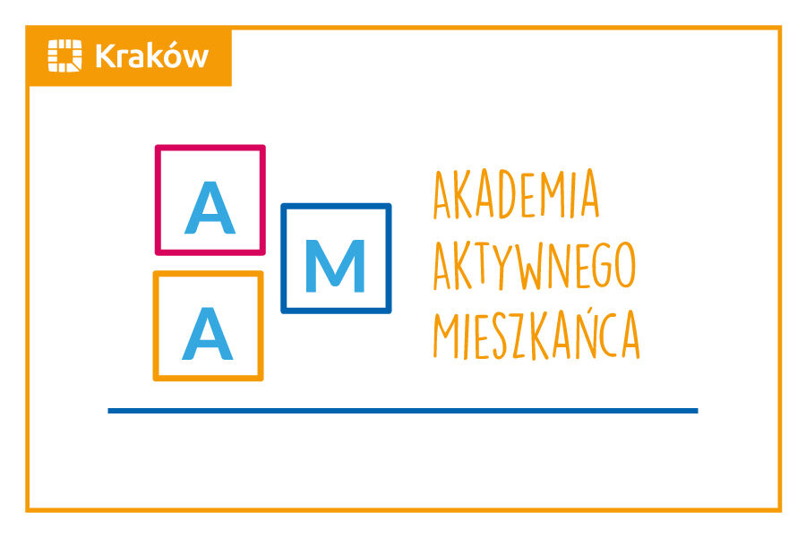 Obrazek z logo Akademii Aktywnego Mieszkańca.Trzy kwadraty obramowane na niebiesko, żółto, różowo a w nich wpisane litery - A,A,M. Białe tło a w koło żółta rama Krakowa.