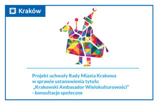 wielokolorowy Lajkonik na białym tle w niebieskiej ramie Krakowa. Pod Lajkonikiem nazwa procesu konsultacyjnego w jasnoniebieskim kolorze.