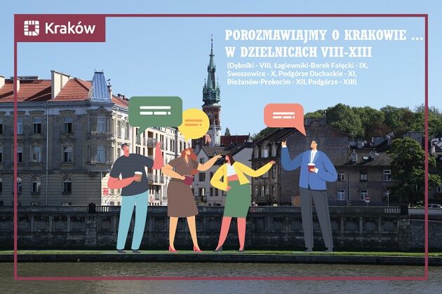 Narysowane postacie na tle Bulwaru Wiślanego z widokiem na kościół i kamienice podgórskie całość w bordowej ramie Krakowa