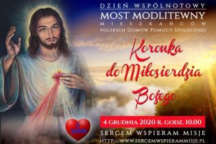 Most modlitewny 04.12.2020 Na tle chmur wizerunek Jezusa Miłosiernego oraz logo projektu „Sercem wspieram misje” w postaci czerwonego serca ,
a w nim z nim litery SWM.