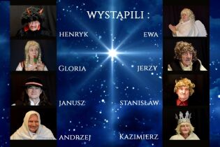 Łanowskie Jasełka 26.01.2021 w dwóch kolumnach imiona i fotografie osób występujących w jasełkach. Po lewej stronie w kolejności od góry diabełek, pastereczka, góral, śmierć. Po lewej od góry aniołek, pasterz, gwiazdor, król