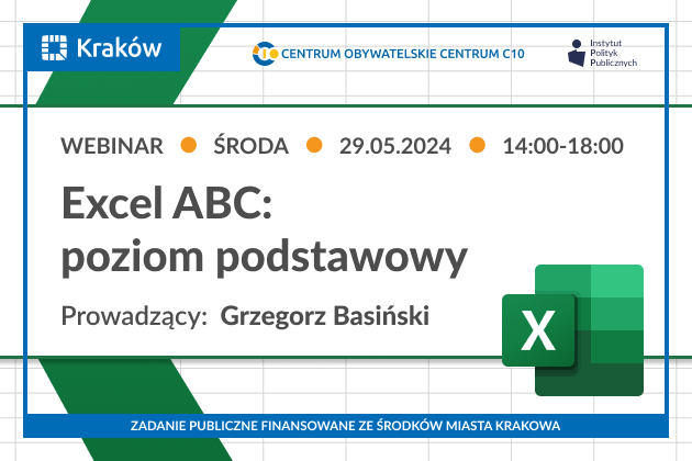 Grafika przedstawia zaproszenie na bezpłatne webinarium pod nazwą Excel ABC: poziom podstawowy
