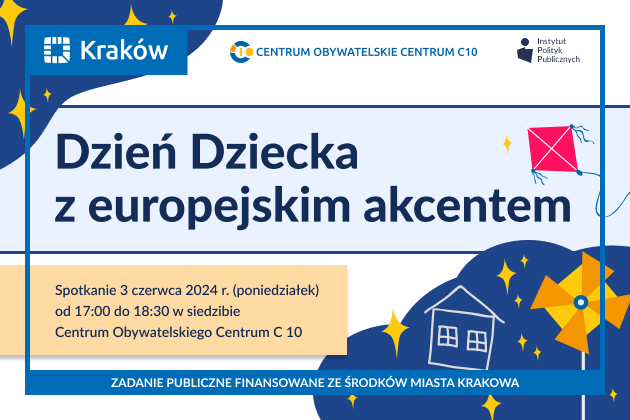 Grafika przedstawia zaproszenie na Dzień Dziecka z europejskim akcentem