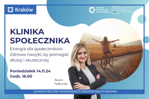 Grafika przedstawia zaproszenie do wzięcia udziału w szkoleniu pod nazwą KLINIKA SPOŁECZNIKA: Zdrowe nawyki, by pomagać dłużej i skuteczniej
