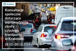 Zdjęcie przedstawiające sznur samochodów stojących w korku ulicznym, widzianych od tyłu i napis: Konsultacje społeczne dotyczące planowanego wprowadzenia Strefy Czystego Transportu (SCT) w Krakowie 29