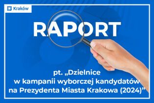 Grafika przedstawiająca biały napis na niebieskim tle: Raport pt. „Dzielnice w kampanii wyborczej kandydatów na Prezydenta Miasta Krakowa (2024)”, a nad nim dłoń ze szkłem powiększającym