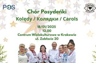 Plakat przedstawia członków Chóru Posydeńki, zapraszający na koncert do Centrum Wielokulturowego. Na jasnym tle widać 7 osób. 6 kobiet i 1 mężczyznę w środku.