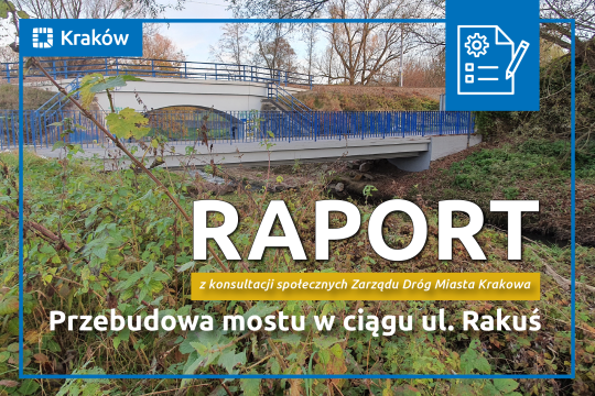 Zdjęcie przedstawiające most w ciągu ul. Rakuś widziany od strony rzeki Serafy i napis: Raport z konsultacji społecznych Zarządu Dróg Miasta Krakowa Przebudowa mostu w ciągu ul. Rakuś