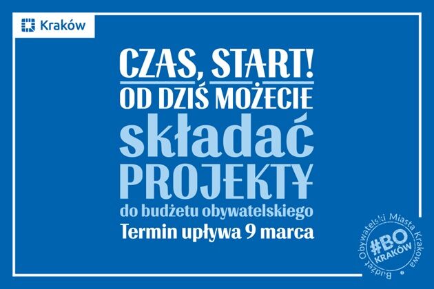 Grafika przedstawia informację i rozpoczęciu naboru projektów do 12.edycji Budżetu Obywatelskiego Miasta Krakowa!