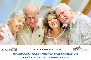 Grafika przedstawia grupę uśmiechniętych seniorów