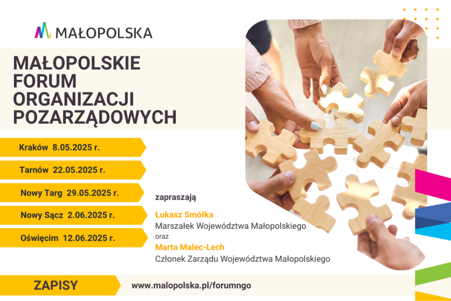 Na zdjęciu znajdują się informacje na temat 5 spotkań, logo Urzędu Marszałkowskiego oraz dłonie trzymajcie puzzle.