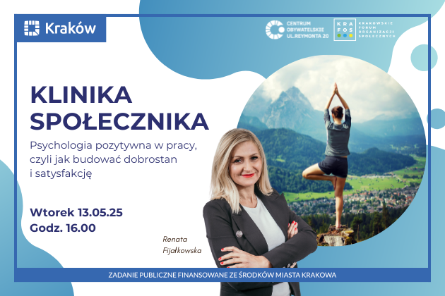 Na zdjęciu widzimy kobietę, która jest psychologiem i poprowadzi warsztaty. W tle stoi mężczyzna w harmonijnej pozycji sugerującej uprawianie jogi. W tle widnieje również tytuł i szczegóły wydarzenia.
