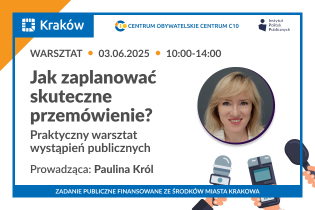 Na grafice umieszczono kluczowe informacje na temat planowanego szkolenia oraz zdjęcie kobiety, która warsztaty pod tytułem„Jak zaplanować skuteczne przemówienie
