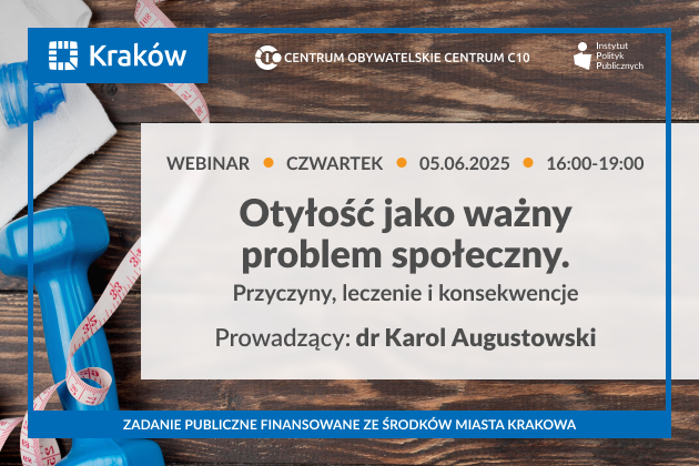 na grafice widzimy kluczowe informacje na temat planowanego webinarium pod tytułem „Otyłość jako ważny problem społeczny. Przyczyny, leczenie i konsekwencje