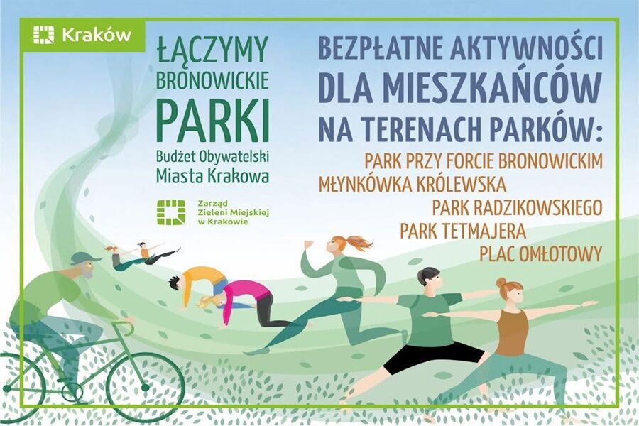 Grafika przedstawia zaproszenie do wzięcia udziału w wydarzeniach pod nazwą Łączymy Bronowickie Parki – lato pełne ruchu i relaksu