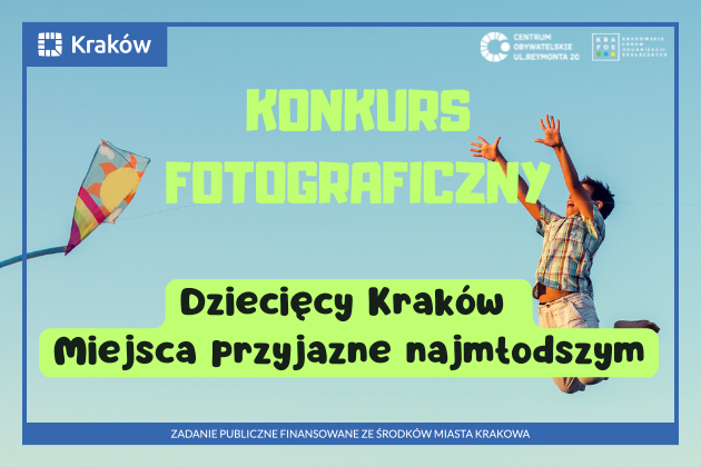 Na zdjęciu widzimy skaczącego chłopca i latawiec, po środku tytuł konkursu