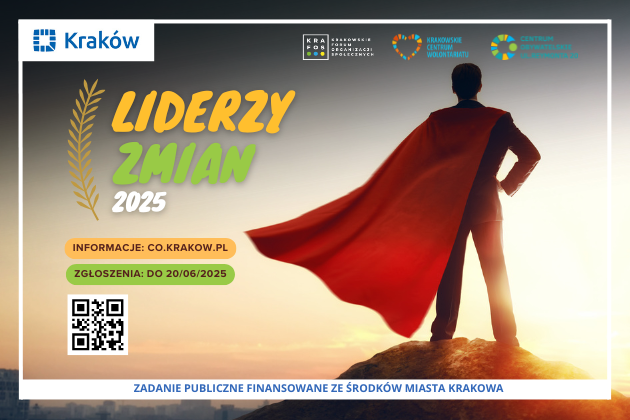 Na zdjęciu widzimy postać w czerwonym płaszczu stojącego na skale przy zachodzie słońca oraz kluczowe informacje o konkursie organizowanym przez Centrum Obywatelskie -Reymonta 20