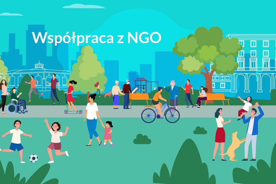 Na zdjęciu widzimy park a w nim wiele osób spędzających w nim aktywnie czas, na środki widnieje napis Spotkania branżowe