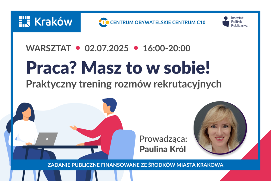 Na grafice widzimy dwie osoby siedzące przy stole, w lewym dolnym rogu widzimy zdjęcie kobiety, Pauliny Król, która szkolenie poprowadzi