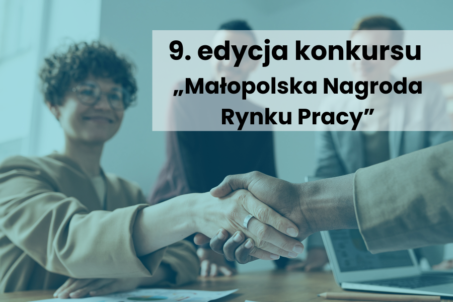 NA zdjęciu widoczne są osoby ściskające sobie dłonie oraz informacja o konkursie