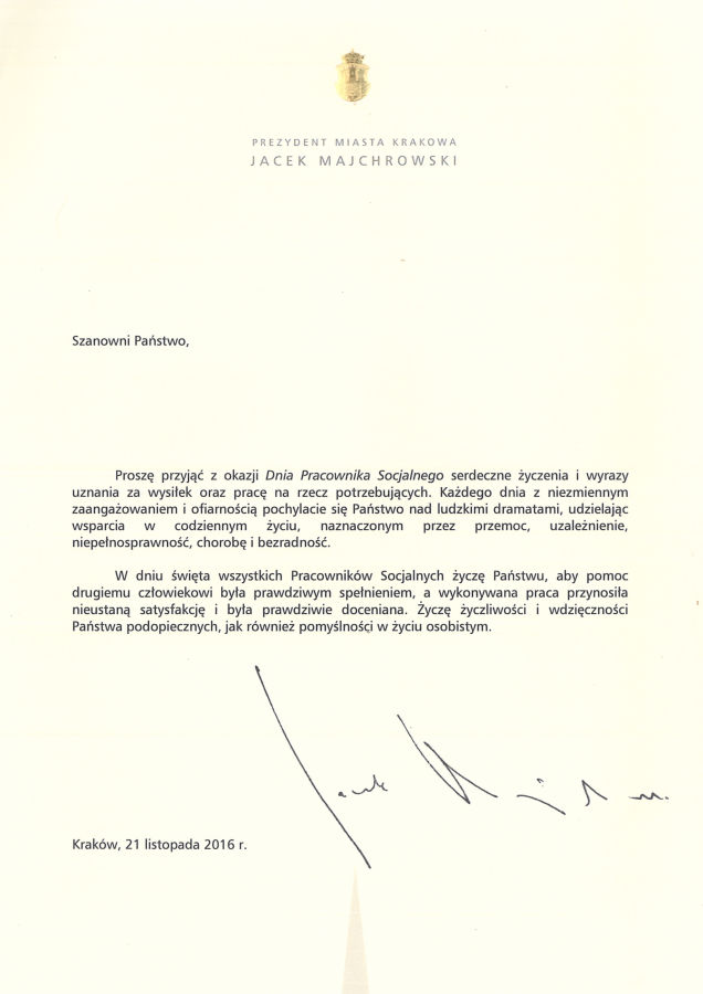 List prezydenta Krakowa do pracowników socjalnych.