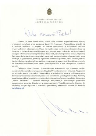 List Prezydenta Miasta Krakowa Pana Jacka Majchrowskiego do stowarzyszeń przedsiębiorców i rzemieślników.