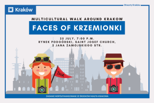 Dwie kreskówkowe postaci - kobieta i mężczyzna z aparatami - na tle zarysu Krakowa.