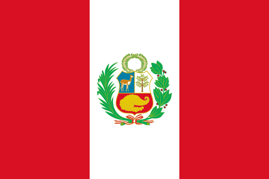 Flaga Państwowa Peru - czerono-biało-czerwone pionowe pasy. Na białym pasie herb. 