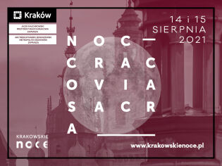 Plakat w sepii. Zdjęcie dużego księżyca w pełni w centrum na tle zarysu kościelnych wież. Napis kapitalikami na zdjęciu księżyca Noc Cracovia Sacra. 