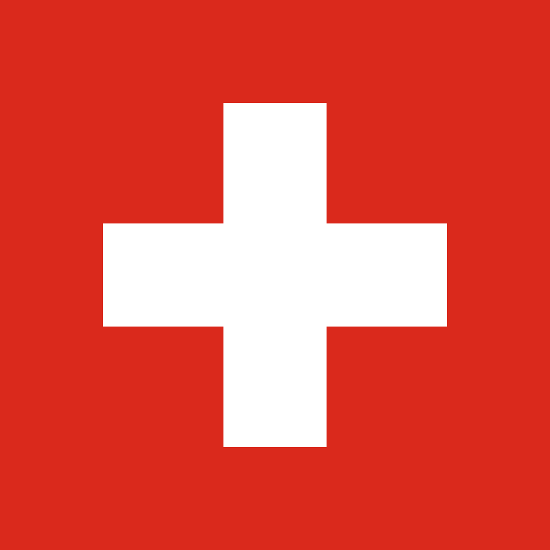 Flaga Szwajcarii. Format kwadratowy flagi. Biały krzyż grecki na czerwonym tle.  