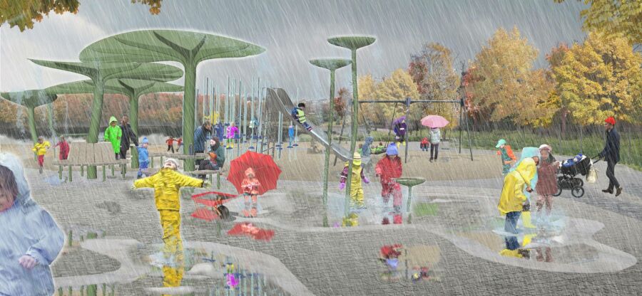 Wizualizacja Deszczowego Placu Zabaw w Göteborgu - rodzice z dziećmi ubranymi w odzież przeciwdeszczową i kalosze. Padający deszcz Kałuże. huśtawki. zadaszenia i konstrukcje przypominające duże liście. 