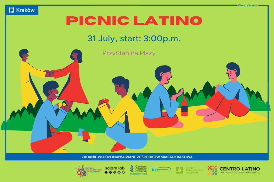 Żółto-czerwono-niebieskie kreskówkowe postaci bawią się podczas pikniku na trawie - tańczą, siedzą na kocu, jedzą przekąski.
