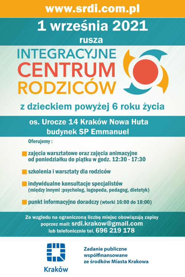 Plakat informacyjny Integracyjnego Centrum Rodziców z logo. 