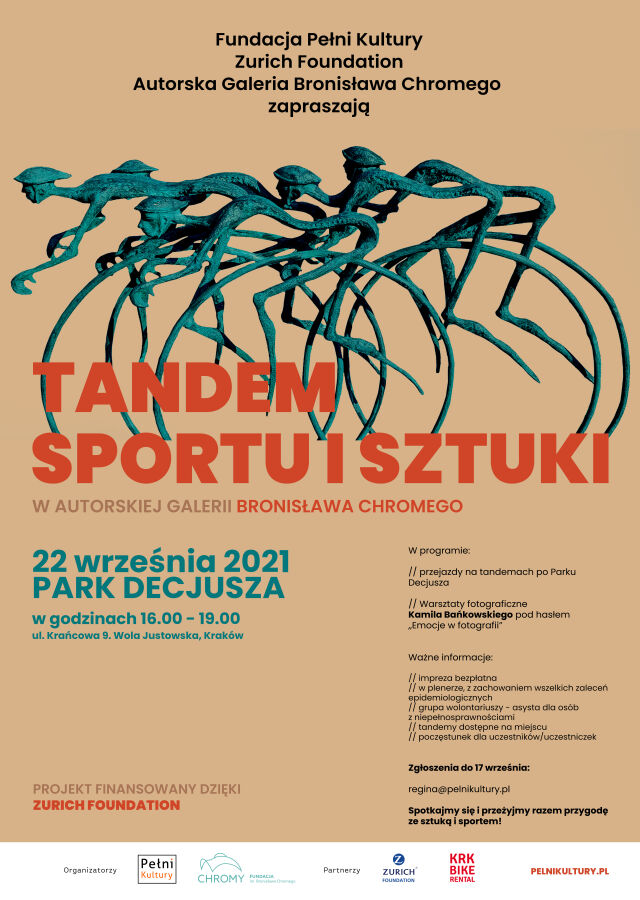 plakat promujący wydarzenie Tandem Sportu i Sztuki przedstawiający rzeźbę metalowych postaci przypominających kolarzy. 