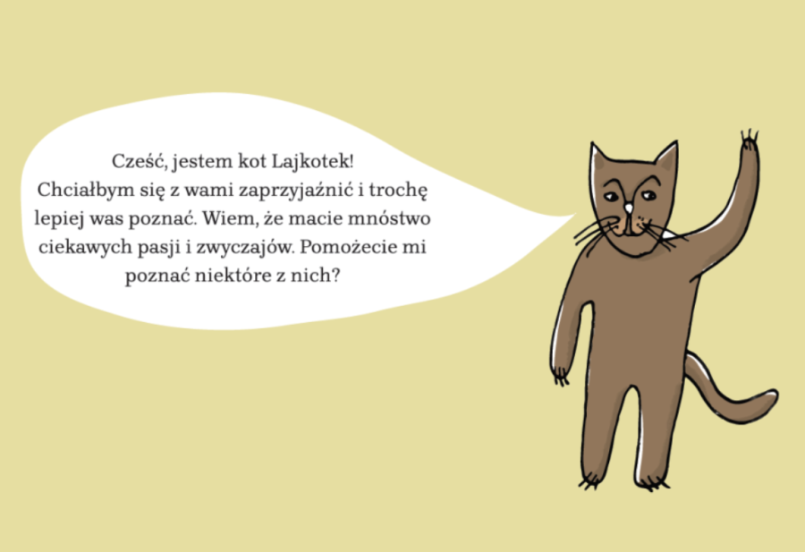 Lajkotek - rysunkowy, brązowy kotek z zeszytów edukacyjnych na temat dziedzictwa kulturowego Krakowa