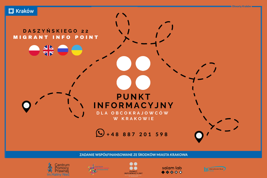 Grafika z logo Punktu Informacyjnego dla Obcokrajowców w Krakowie - cztery białe koła na pomarańczowym tle.