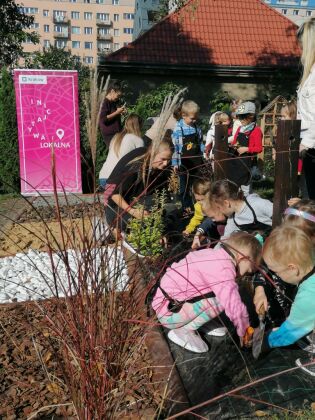 Dzieci na podwórku szkolnym sadzące rośliny w ramach inicjatywy lokalnej