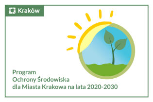 Programu Ochrony Środowiska dla Miasta Krakowa na Lata 2020-2030 plakat biały z rysunkiem roślinki na tle nieba wkomponowanej w słońce