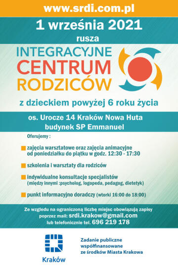 Grafika przedstawia plakat z informacją o rozpoczęciu integracyjnego centrum ICR