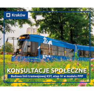 Drugi etap konsultacji dot. linii tramwajowej do Mistrzejowic - raport z konsultacji - plakat, tramwaj na tle zieleni