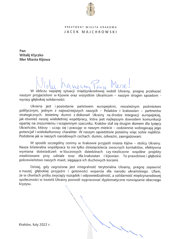 List Prezydenta Krakowa do Mera Kijowa