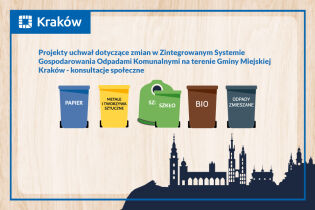 Plakat konsultacji społecznych dotyczących zmian w Zintegrowanym Systemie Gospodarowania Odpadami Komunalnymi (kosze do segregacji odpadów i grafiki symbolizujące krakowskie zabytki)