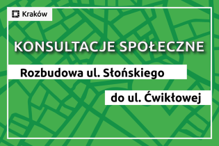 Plakat dotyczący konsultacji rozbudowy ul. Słońskiego do ul. Ćwikłowej (tekst na zielonym tle z zarysem fragmentu planu miasta)
